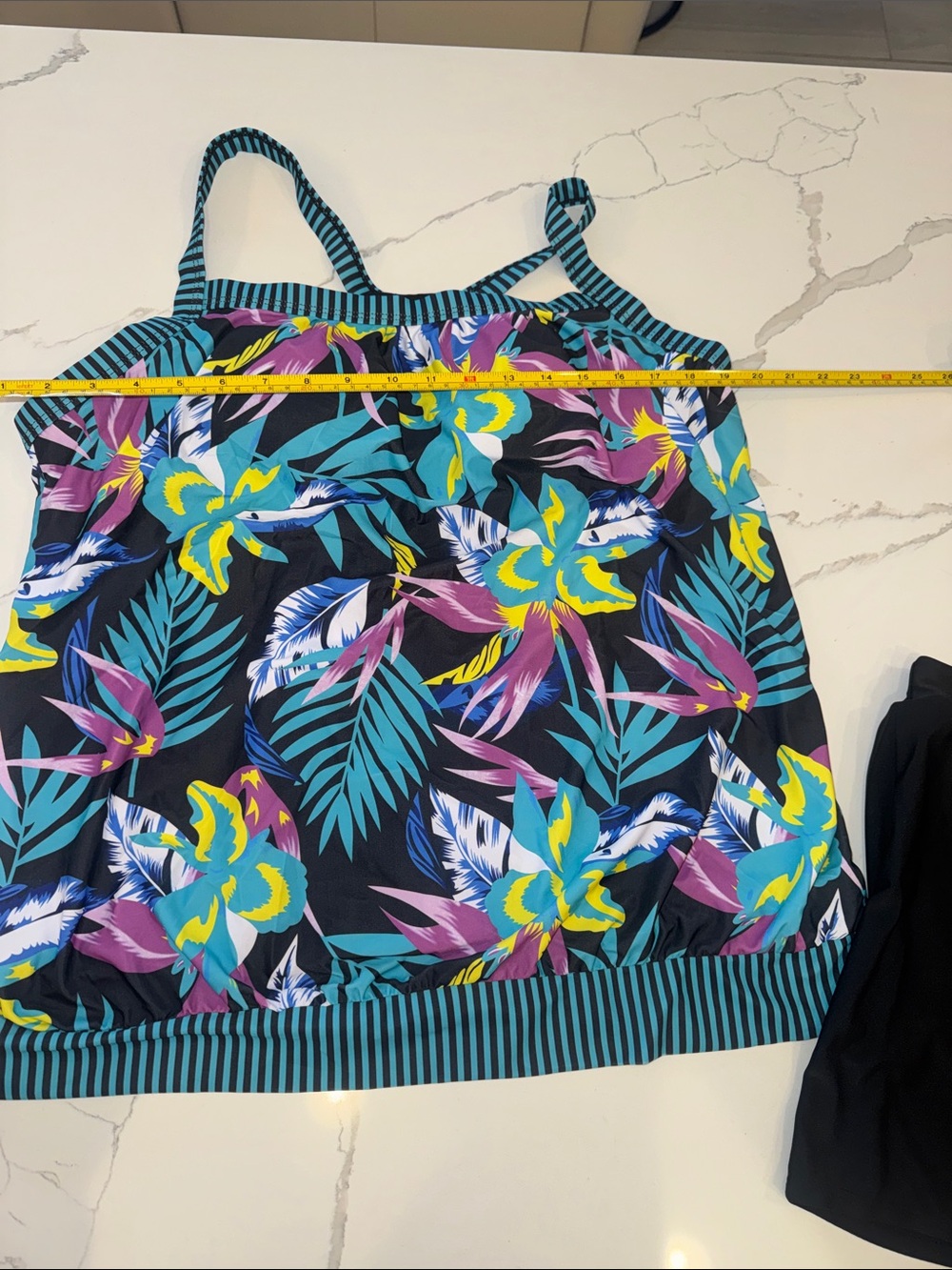 Floral Tropical Print tankini top - Black with Teal & Yellow & Black shorts 2XL